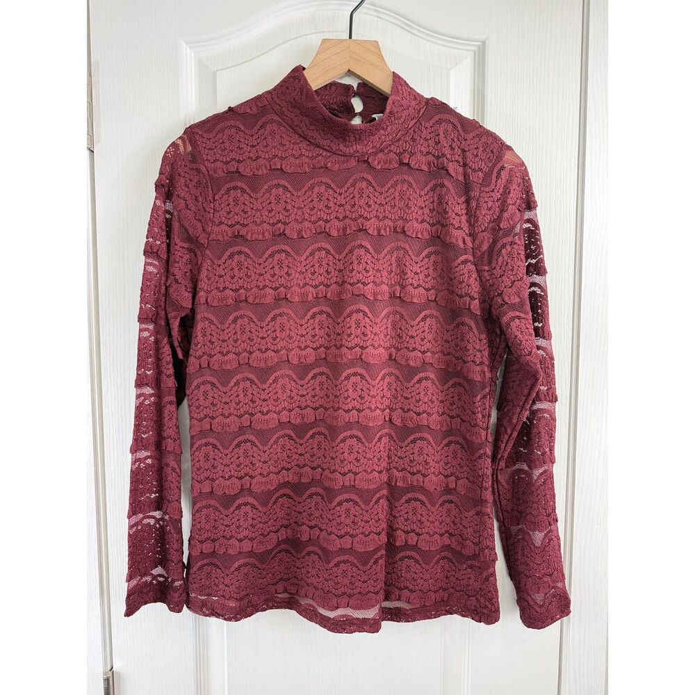Cupio Blush Women’s XL Tawny Port Lace Mock Neck Long Sleeve Blouse Fitted NWT